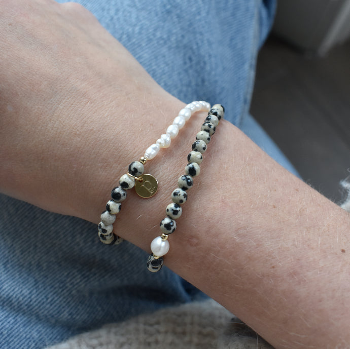 Dalmation Jasper and Freshwater Pearl skinny bracelet
