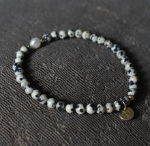 Load image into Gallery viewer, Dalmation Jasper and Freshwater Pearl skinny bracelet
