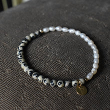 Load image into Gallery viewer, Dalmation Jasper and Freshwater Pearl skinny bracelet
